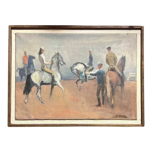 Stephen Csoka (American 1897 - 1989) Mid-Century Oil Painting on Canvas of Equestrian Figures on Riding Horse Back Circa 1950 For Sale