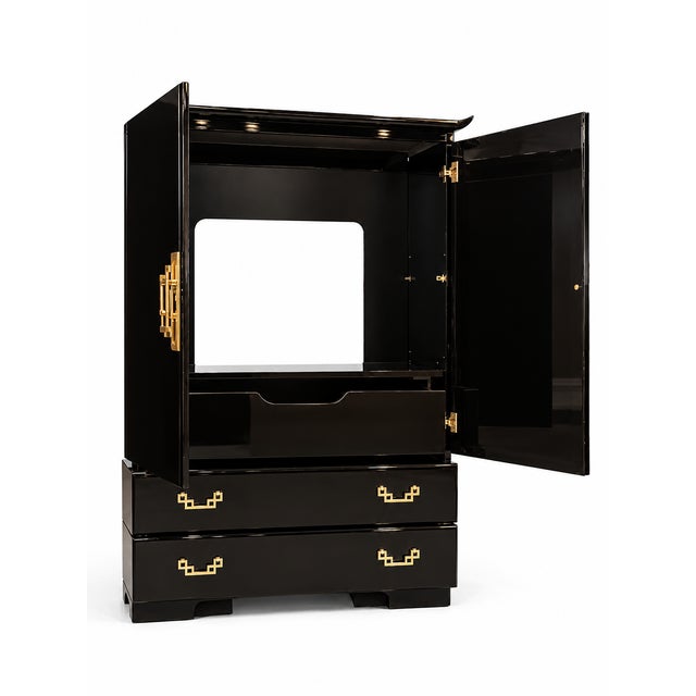 Black Vintage Broyhill Asian Modern Black Lacquer Armoire With Brass Hardware For Sale - Image 8 of 12