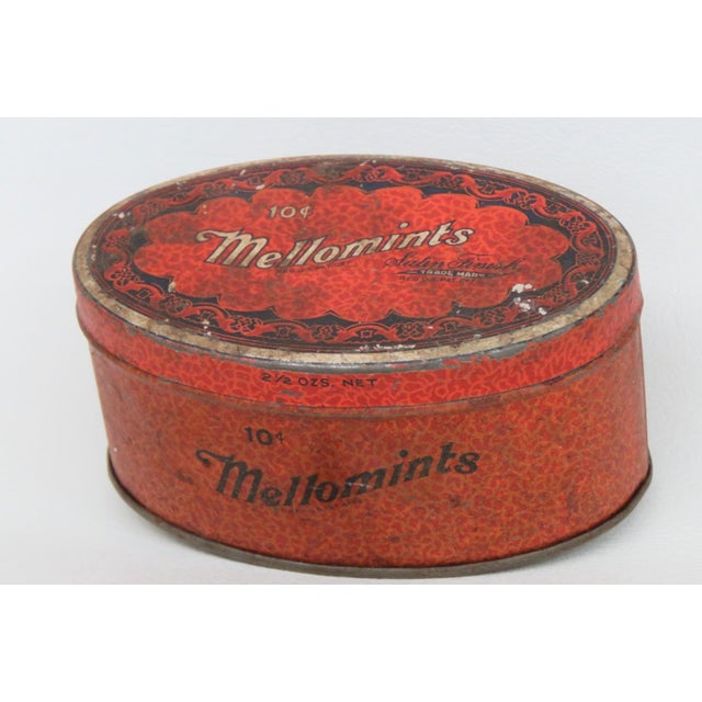 Art Deco Mellomints Pre Ww2 Candy Tin Metal Oval Box With Removable Lid Made in Usa 4904b For Sale - Image 3 of 9