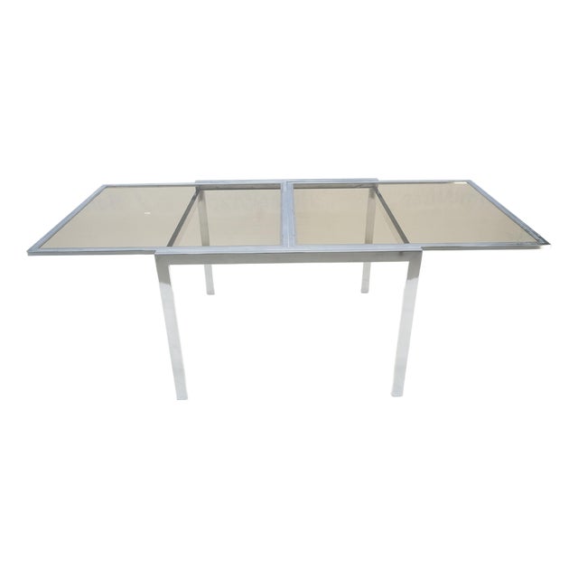 Flip Top 40" Square Crome Base Smoked Glass Top Dining Table 84" Extended Clean! For Sale