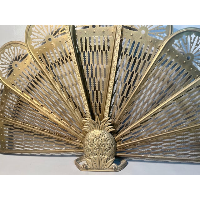 Metal Fireplace Screen Brass Peacock Feathers Pineapples Both Sides Hollywood Regency 1950s For Sale - Image 7 of 7