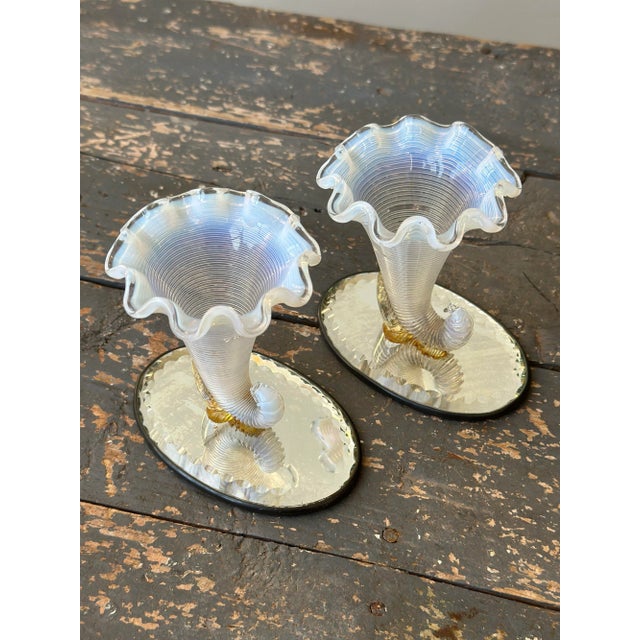 Cream Vintage Opalescent Blown Glass Cornucopia-Style Trumpet Vessels on Mirrored Cut Glass Bases, a Pair, Circa 1930s For Sale - Image 8 of 12