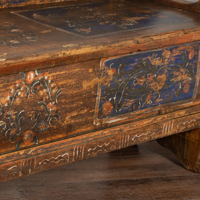 Wood Original Hand Painted Long Pine Bench Dated 1933 For Sale - Image 7 of 9
