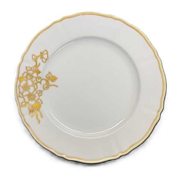 Eggshell white porcelain set of (8) dinner plates with hand painted gold floral design. The "Eschenbach Germany U.S. Zone"...