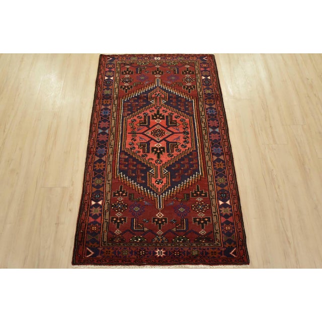 Tribal Hamedan Rug 3’3” X 5’4” Red Wool Vintage Tribal Hand-Knotted Carpet For Sale - Image 3 of 12