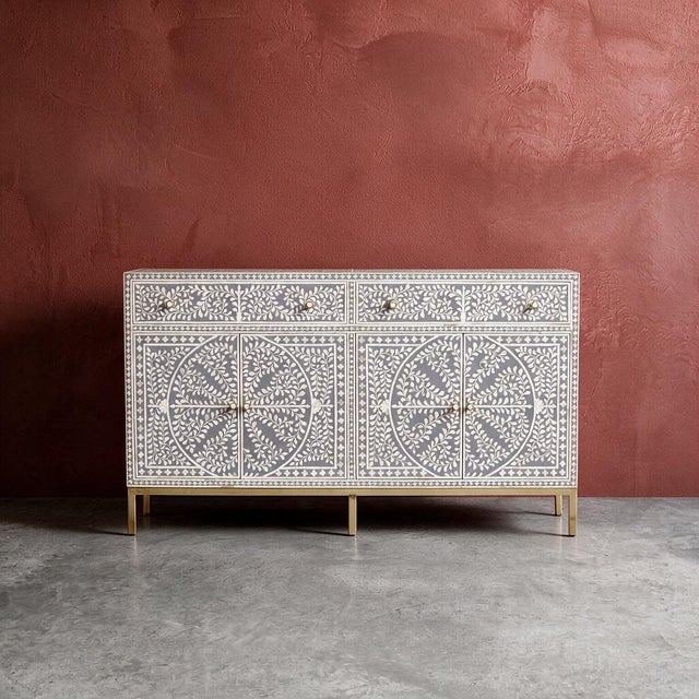 Arabesque Bone Inlay Four-Door Buffet - Grey by House of Jaipur For Sale - Image 4 of 6