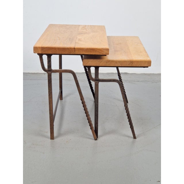 Brutalist Cast Iron and Oak Nesting Tables, 1970s, Set of 2 For Sale - Image 11 of 16