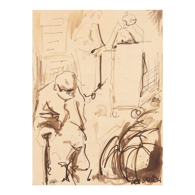 Unknown - Conversation - Original China Ink and Watercolor - Mid-20th Century For Sale