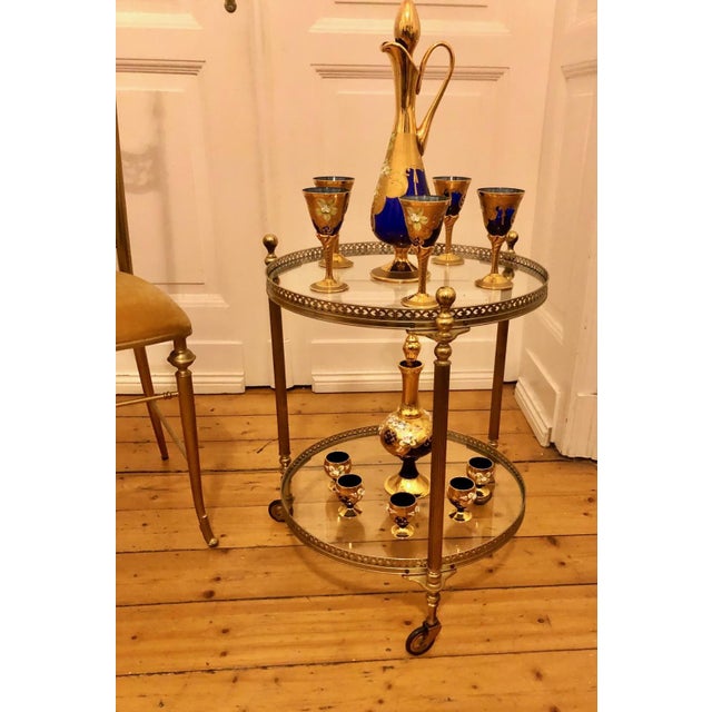 Antique Style Round Brass Bar Cart with Smoked Glass Tops, 1950s For Sale - Image 9 of 15
