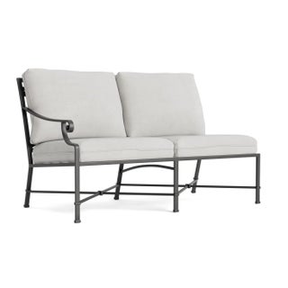 Brown Jordan Venetian Left Arm Loveseat, Textured Pewter frame with Fusion Dove fabric For Sale