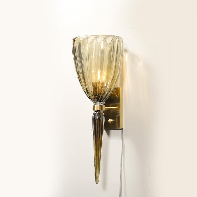 Modern Modernist Hand-Blown Murano Iridescent Smoked Emerald Fluted Glass Sconces For Sale - Image 3 of 13