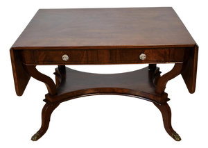 1860s Antique Federal Flame Mahogany Drop-Leaf Table / Sofa Table