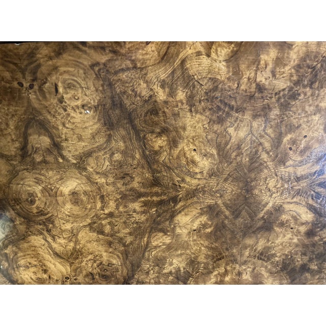 Late 20th Century Bookmatched Burl Veneer Bar Cart With Brass Frame and Glass Top For Sale - Image 4 of 5