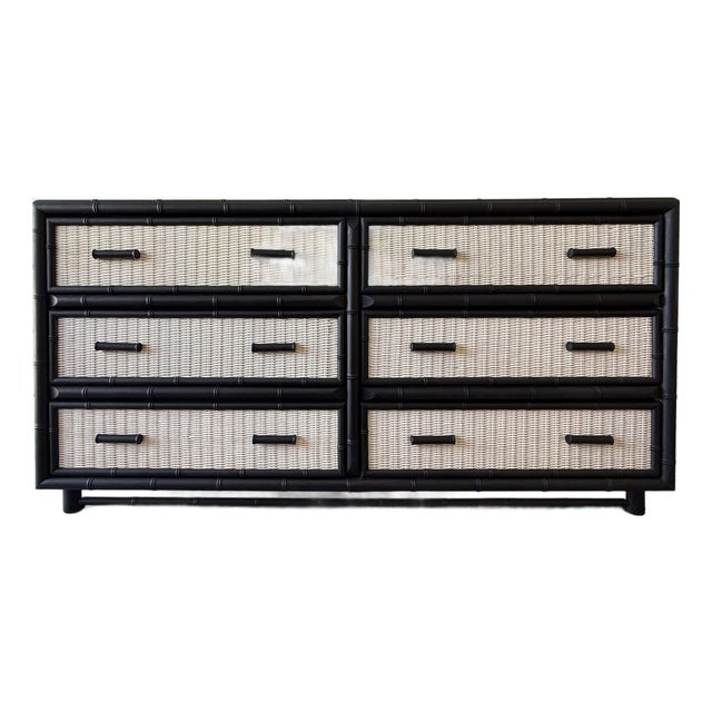 Faux Bamboo & Rattan British Colonial Style 6 Drawer Double Dresser For Sale