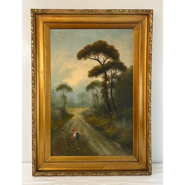 Textile Pair of Antique 19th Century Continental Vertical Landscape Paintings For Sale - Image 7 of 15