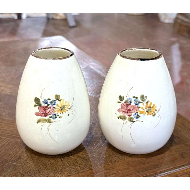 Ceramic Pair of Mid-Century French Hand-Painted Ceramic Floral Vases For Sale - Image 7 of 9