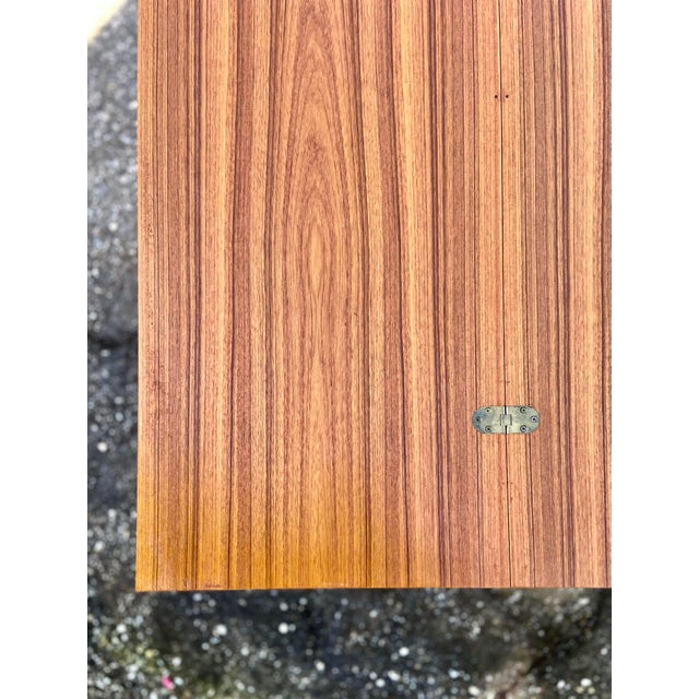 Danish Late Mid Century Fold-Open Teak Dining or Console Table With Hinged Tabletop and Legs | by Sannemann Denmark For Sale - Image 10 of 12