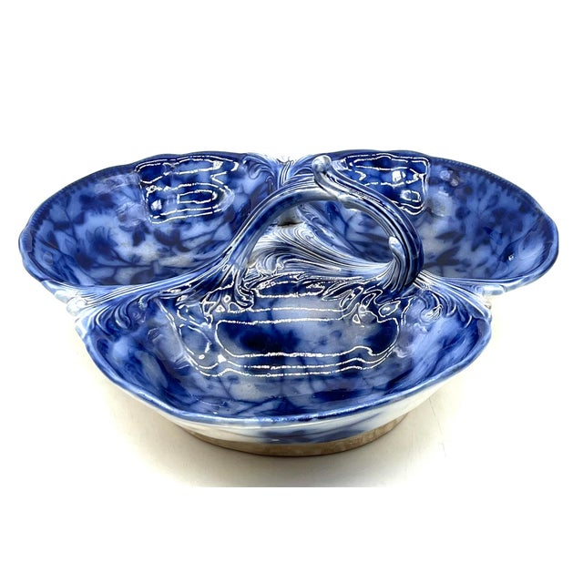 Antique Flow Blue Serving Bowl with Handle 1900s For Sale - Image 4 of 17