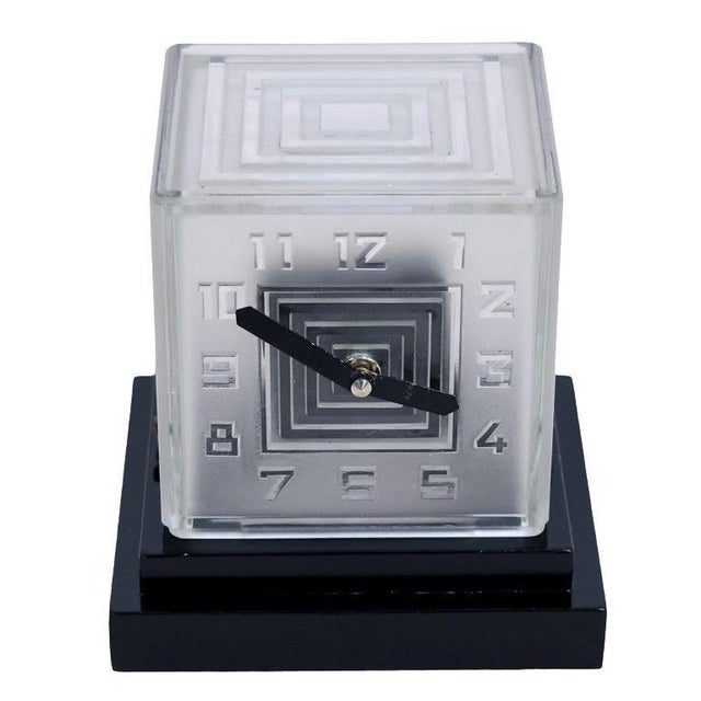 Cubist table clock signed: “P.M. Favre” France, Art Deco 1931. The partially frosted, polished, molded and etched glass...