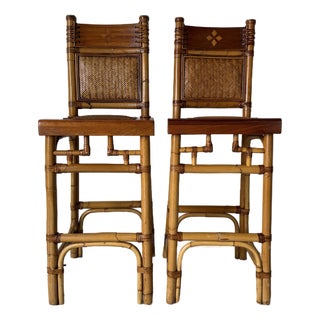 Vintage Coastal Organic Bamboo & Rattan With Leather Wrapped Bar Stools - A Pair For Sale