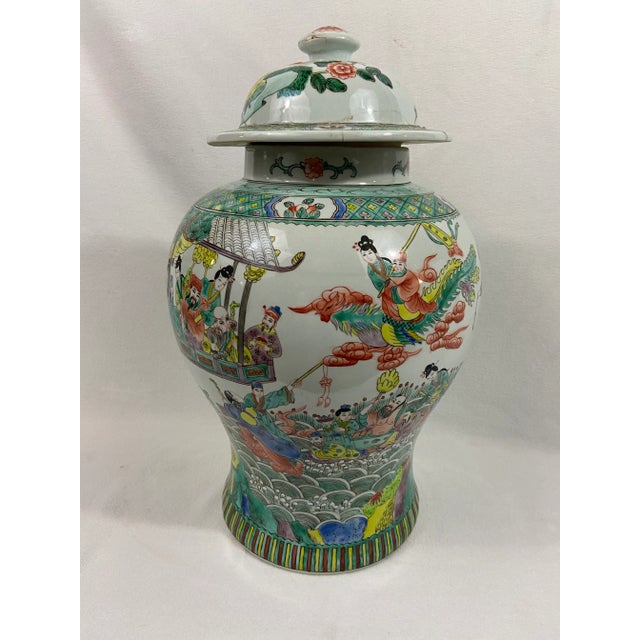 Large Chinese export porcelain lidded jar with colorful Kangxi style decoration.