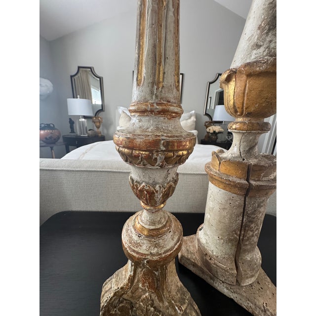 Pair of Antique Italian Painted Wood Candlesticks With Aged Patina For Sale - Image 11 of 15