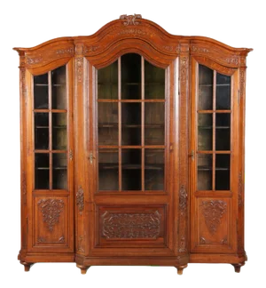 Antique Baroque Oak 3-Door Display Case with Carvings, Aachen Lüttich, 19th Century