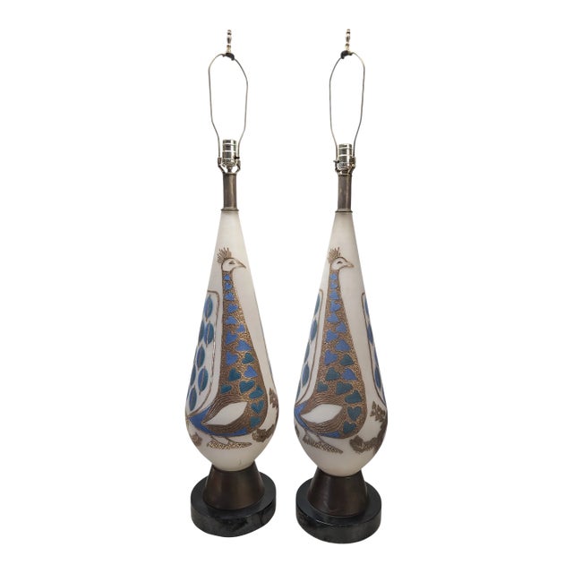 Pair of 1960s Gilded Peacock Glass Table Lamps For Sale