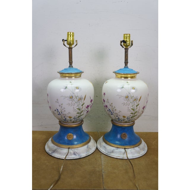 2 Antique French Floral Painted Butterfly Ginger Jar Mantel Urn Lamps Pair 34" For Sale - Image 12 of 18