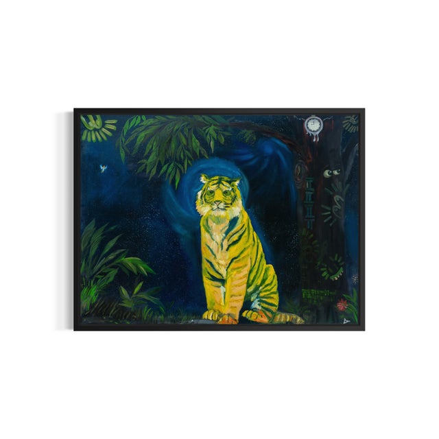 This painting presents a tiger as a quiet, watchful presence within a dreamlike space. Positioned at the center, the...