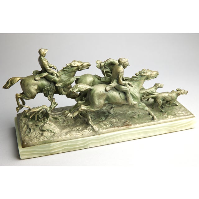 Continental Gilt Metal Equestrian Hunt Group, Circa 1900 — Riders, Horses & Hounds on Green Onyx Base For Sale - Image 13 of 14