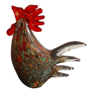 1980s Multicolor Speckled Art Glass Rooster Figurine For Sale