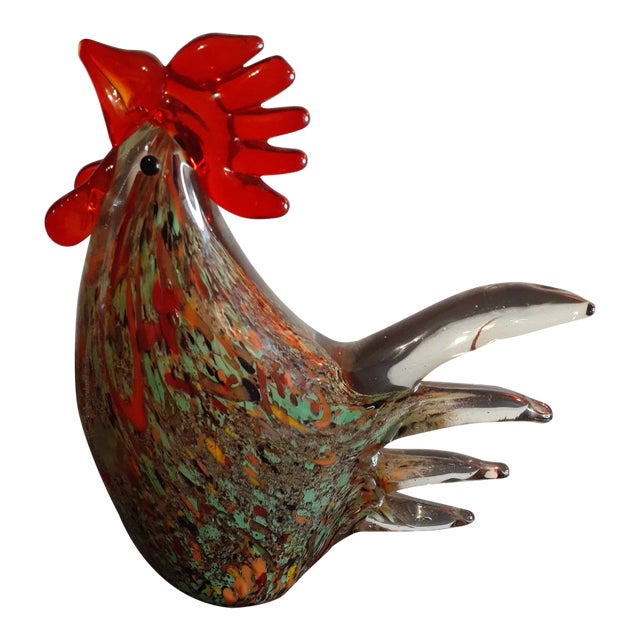 1980s Multicolor Speckled Art Glass Rooster Figurine For Sale