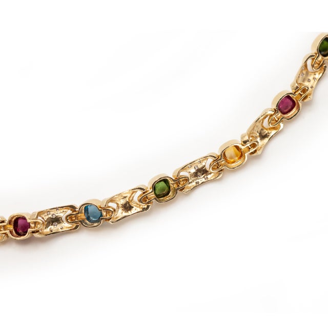 Metal 1980s 14k Yellow Gold Multicolor Gemstone and Diamond Link Bracelet For Sale - Image 7 of 12
