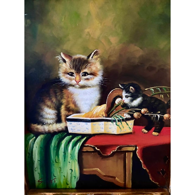 Mid 20th Century Oil on Board Painting of Playful Kittens - Signed 'Scott' (After Jules Leroy) in Ornate Gold Toned With Black Accent Frame. For Sale - Image 4 of 18