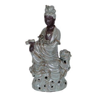 Antique Guanyin (Kwan Yin) Goddess of Mercy Buddha Late 19th / Early 20th Century Celadon Color W/ Craquelure Splendid Statue/Sculpture Vg+ For Sale