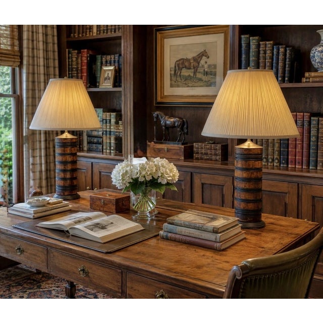 Turned Wood Barrel Form Table Lamps With Shades, Set of 2 For Sale - Image 16 of 18