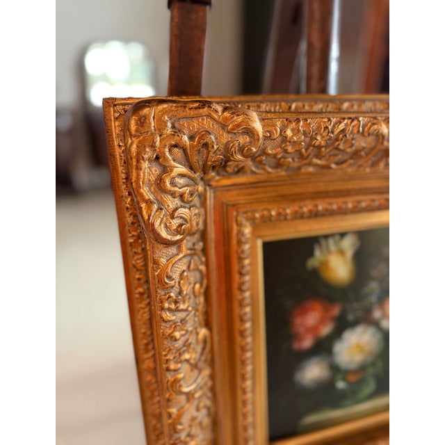 Textile Framed, Signed Oil on Canvas Painting of Floral Still-Life For Sale - Image 7 of 11