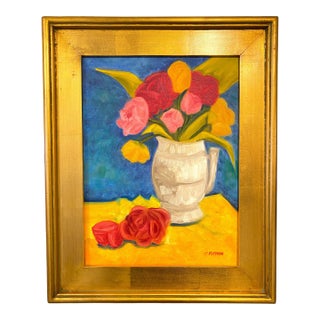 Roses Oil Painting Floral Still Life by San Francisco Bay Area Artist Carol Putman, Signed & Framed in Gold For Sale