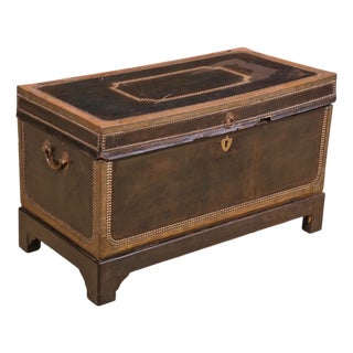 Large English Military Leather Clad Campaign Trunk For Sale