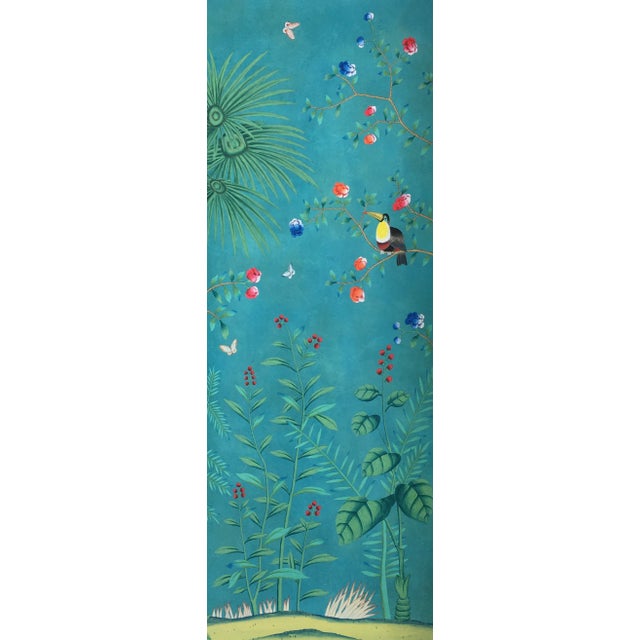Chinoiserie Chinoiserie Hand Painted Wallpapers on Blue Edo Xuan Paper Panel - 5 Panels For Sale - Image 3 of 8