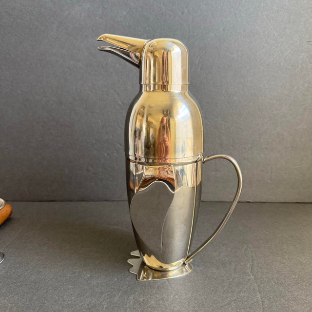 Penguin Cocktail Shaker & Bar Tools Set Silver Tone Vintage Art Deco Style Retro For Sale - Image 4 of 10