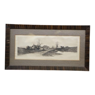Antique Ernest C Rost Restful Twilight Farmhouse Village Landscape Etching 31" For Sale