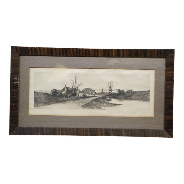 Antique Ernest C Rost Restful Twilight Farmhouse Village Landscape Etching 31" For Sale