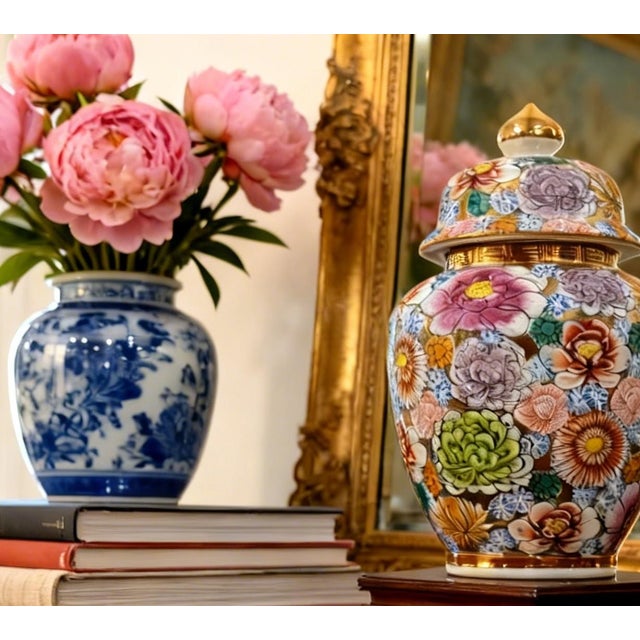 Art Deco Vintage Japanese Kutani Style Porcelain Ginger Jar With Lid – Floral Enamel & Gold For Sale - Image 3 of 16