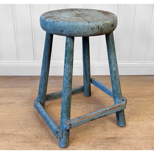 Antique Primitive Farmhouse Blue Wood Round Barn Milking Stool For Sale - Image 4 of 8