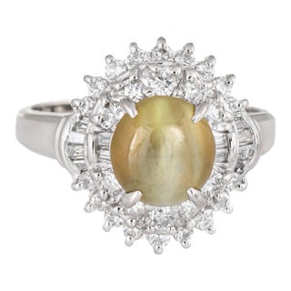 2.21ct Cat''s Eye Chrysoberyl Diamond Ring Estate Platinum Certificate Jewellery size 6.25 For Sale