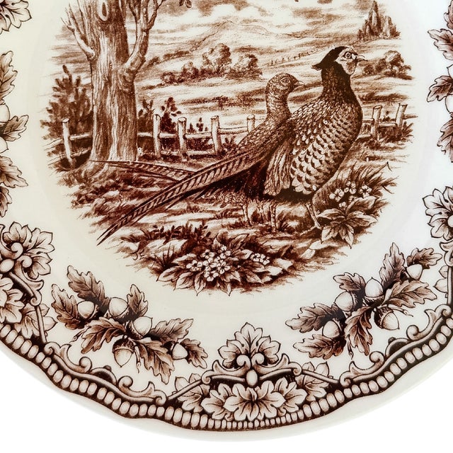 Royal Stafford Royal Stafford English Brown Transferware Pheasants & Acorns Thanksgiving Salad Plates - Set of 12 For Sale - Image 4 of 7
