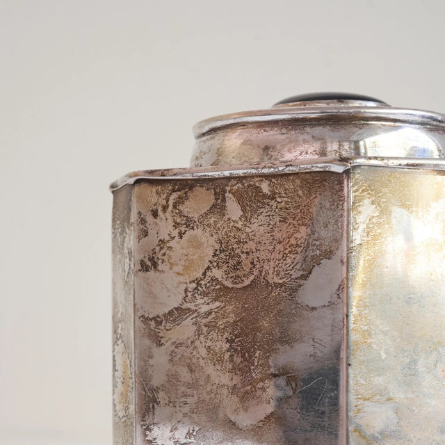 1940s Silver Plated Octagonal Tea Caddy with Lapis Lazuli Coloured Detail, 1940s For Sale - Image 5 of 9