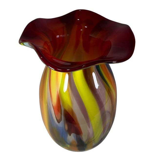 Early 21st Century Bulbous Orange Marbled Flared Lip Art Glass Vase For Sale - Image 5 of 16